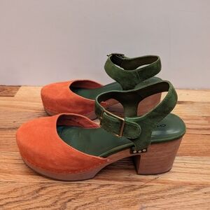 Charlotte Stone Maude orange and green suede clogs size 8, minimally worn